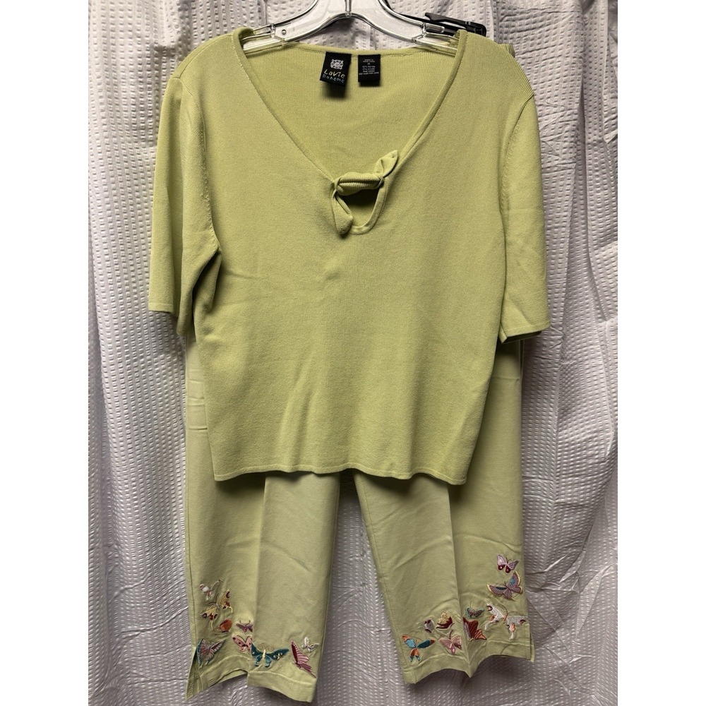 Lavie Boheme Lounge Travel 2p set Women's Medium Green Butterfly Embroidered Y2K - Picture 2 of 11
